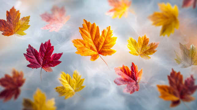 Colorful autumn leaves floating on misty water surface