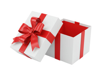 A transparent gift box with a vibrant red satin ribbon bow, its lid open revealing a bright red interior, presented as product photography on a clean transparent background. Concept for elegant