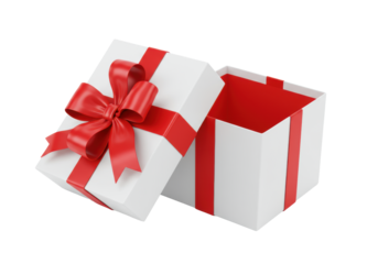 A transparent gift box with a vibrant red satin ribbon bow, its lid open revealing a bright red interior, presented as product photography on a clean transparent background. Concept for elegant