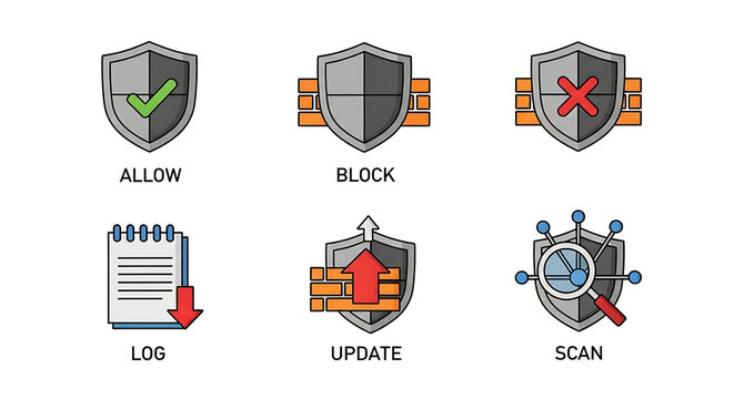Illustration of security icons showing allow block log update and scan on a white background