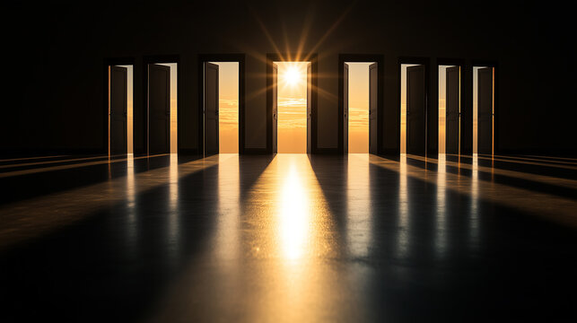 Conceptual 3D illustration of multiple open doors with sunlight shining through in a dark room