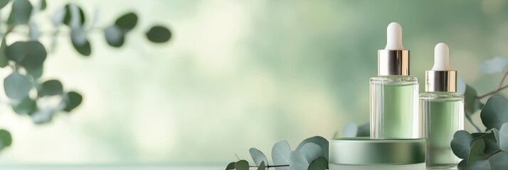 Sustainable skincare product banner for beauty websites and blogs, eco-friendly glass containers with eucalyptus, 3:1 header image in soft green tones, copy space on left for natural branding