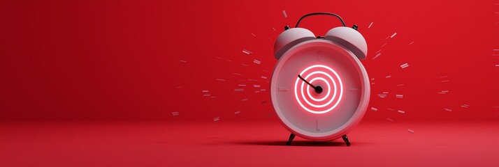 Urgent alarm clock banner for digital content and landing pages, red gradient 3:1 image with blinking icon and copy space on left, strong visual urgency for alert message