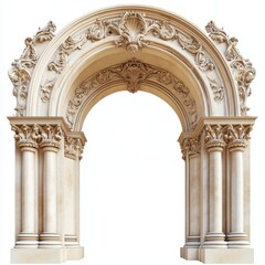 Fototapeta premium Ornate classical archway with detailed sculptures and columns isolated on white background