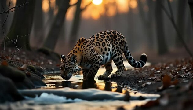 Clouded leopard drinking water from a forest stream