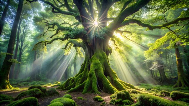 An ancient mosscovered tree with gnarled roots and sprawling branches bathed in ethereal sunbeams in a misty forest