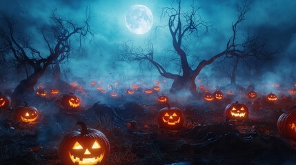 A haunting scene of a pumpkin patch illuminated by a full moon, creating a spooky atmosphere with eerie trees and glowing jack-o'-lanterns all around, evoking Halloween vibes and traditions.