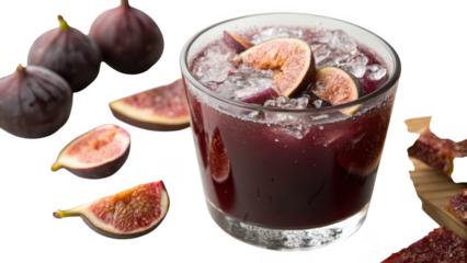 Refreshing fig drink with fresh figs and ice cubes isolated on transparent background