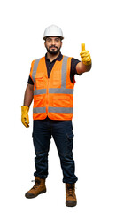 Trabalhador da construção civil engenheiro com colete e capacete para segurança corpo inteiro sinal de positivo fundo transparente	