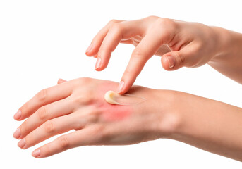 Fototapeta premium Woman applying cream to irritated red skin on hand