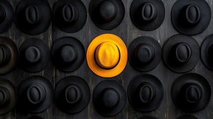 Single yellow hat amongst many black hats.