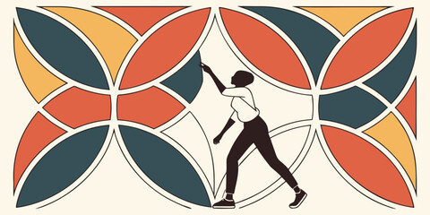 Streetwear Fashion Depiction: Character in Casual Attire Against a Dynamic, Angled Pattern