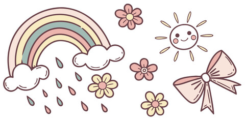 Adorable Set of Hand-Drawn Kawaii Elements Featuring a Rainbow and Floral Motifs

