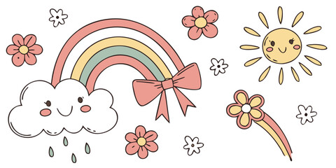 Playful Springtime Scene: Cute Sun, Rainbow, Daisies, and Tulip in Soft Hues

