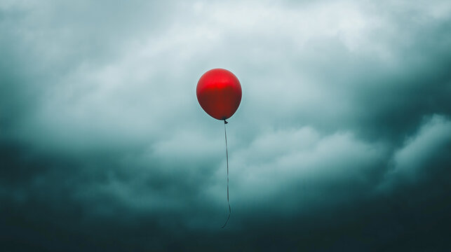 Single red balloon drifting into a moody, cloudy sky, creating a symbolic and emotional image of loss, hope, and freedom.