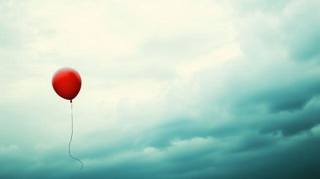 Red balloon drifting into a bright cloudy sky, evoking freedom, letting go, and emotional vulnerability in a symbolic minimalist scene.