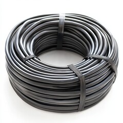 Rolled black flexible tubing or cable secured with black straps isolated on white background