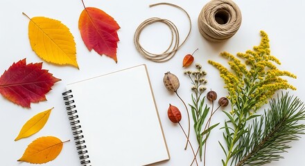 Autumn craft supplies and fall leaves arranged on a white background for creative projects