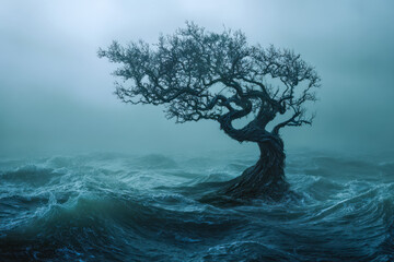 A solitary tree amidst turbulent ocean waves in a foggy, mysterious landscape