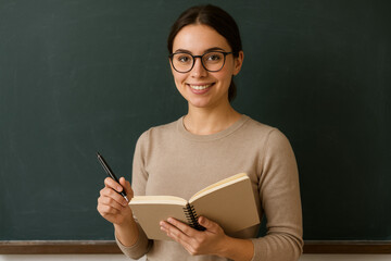 Young Schoolteacher with Notebook and Pen Standing in Front of Chalkboard – Education Concept Portrait