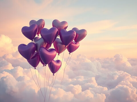 Bunch of purple heart balloons floating above soft pink clouds at sunset heart shape