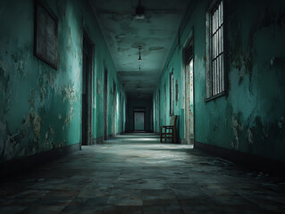 Creepy abandoned asylum hallway with peeling paint and dim lighting