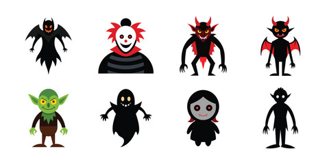 Naklejka premium Vector art of a diverse collection of halloween characters including a winged demon a creepy clown a horned devil a