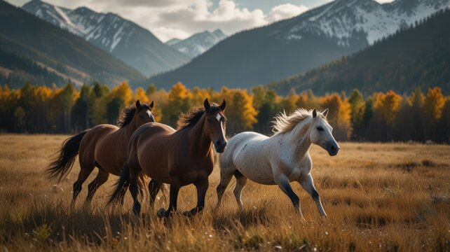 Three horses galloping across a golden autumn meadow, mountains in the background - Powered by Adobe