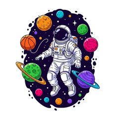 Adobe Illustrator artwork of an astronaut playing basketball in space, surrounded by colorful planets and stars. Perfect for themes of sports, space, fun, and imaginative adventures