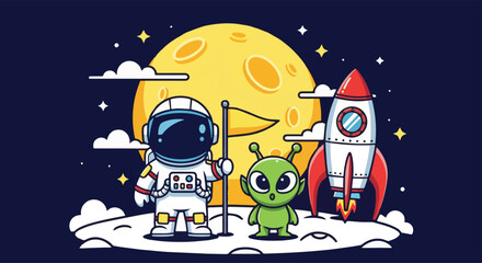 Adobe Illustrator artwork of a cute astronaut, a friendly alien, and a rocket on a moon-like surface. Ideal for themes of space exploration, cosmic friendship, and discovery © meeblues