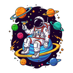 Adobe Illustrator artwork of an astronaut relaxing on a planet with a cocktail, surrounded by celestial bodies. Perfect for themes of leisure, space travel, and whimsical adventures