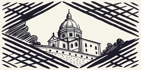 Monochromatic Sketch of a Grand European Cathedral or Basilica with a Dramatic Foreshortened View