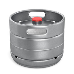 50L Aluminum mini beer keg barrel with red cap isolated on white background. 3D illustration
