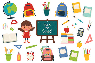 Back to School Flat Vector Icons Set Isolated on White Background