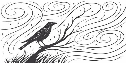 Artistic Black and White Nature Sketch Featuring a Lone Tree and Bird on a Branch


