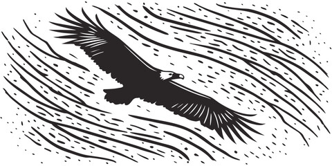 Stylized Monochrome Tree and Perched Bird with Dynamic Line Background Illustration

