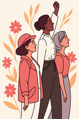Empowered Diverse Women Standing Together, Symbolizing Feminism, Gender Equality, and Collective Strength amidst Floral Elements.

