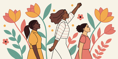 Vibrant Flat Design Illustration Depicting Female Solidarity and Advocacy, Surrounded by Blooming Flowers on a Light Background.
