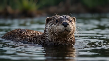 Otter swimming, alert, in still water
