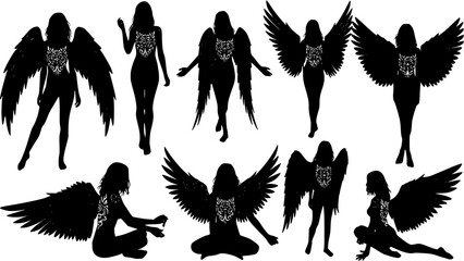 Obraz premium vector silhouette of a girl with angel wings tattoo on a white background .Generative AI 