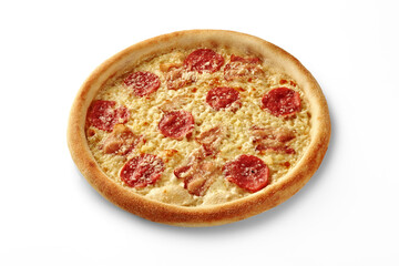 Delicious pizza with pepperoni, bacon and melted cheese on white background