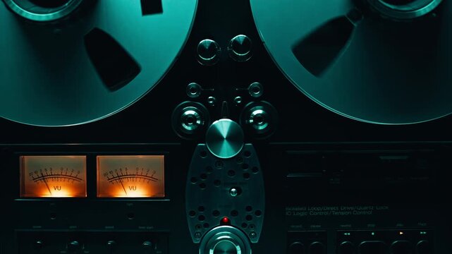 Playback device running reel in dark room closeup zoom out. Man hand turning off