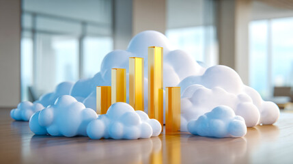 Business growth visualization with cloud and bar chart elements in modern office setting