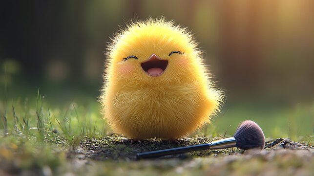 A fluffy, yellow bird with a happy expression sits amidst nature.