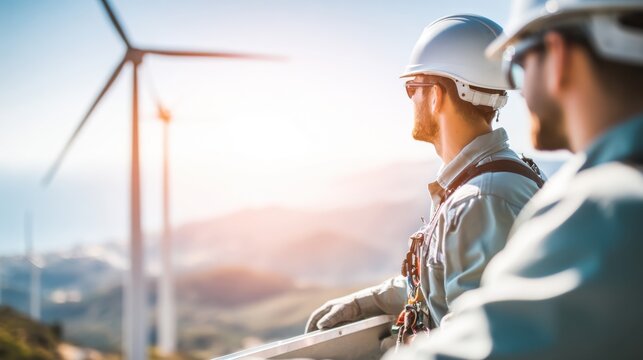 Two wind energy technicians in safety gear working on top of a wind turbine