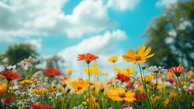 A lush field blooming with a variety of colorful wildflowers under a clear blue sky. Ideal for nature lovers and those seeking vibrant summer scenery.