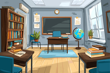 Bright and Inviting Classroom Interior with Desk, Globe, and Bookshelves