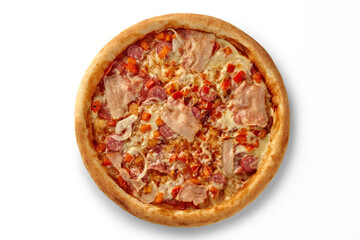 Delicious pizza with bacon, salami, and vegetables displayed on white background