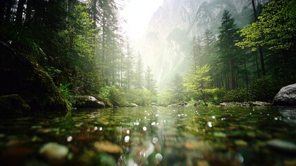 Obraz premium Crystal-clear mountain stream flowing through a lush forest.