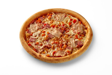 Delicious pizza with bacon, salami, vegetables and melted cheese on white background